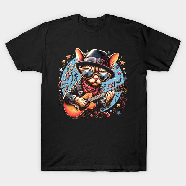 Devon Rex Cat Playing Guitar T-Shirt by Graceful Designs